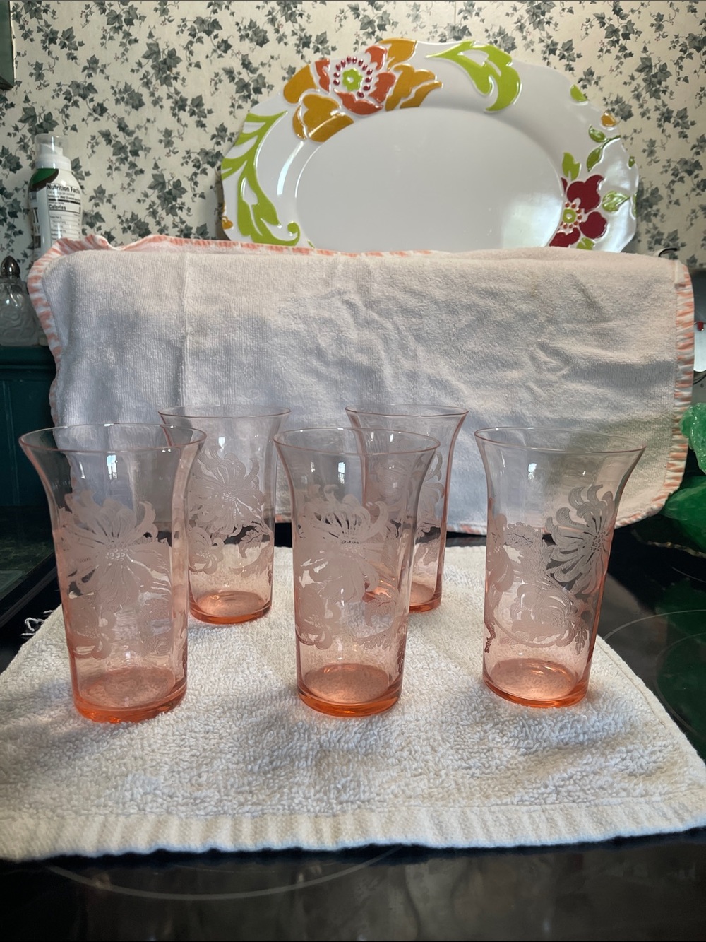 Vintage Pink Etched Cambridge Glass Tumbler Set - 5pc